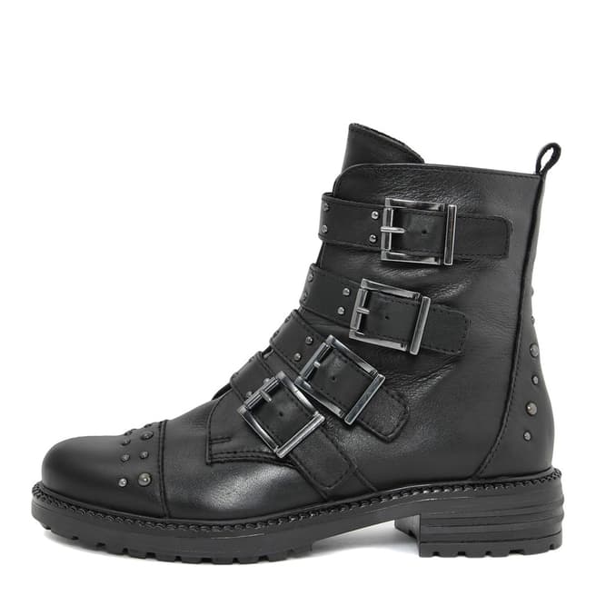 Gusto Black Leather Tantra Buckle Biker Ankle Boots 