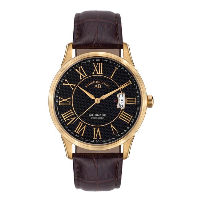 Andre Belfort Men's Brown / Gold Leather Strap Watch 42mm