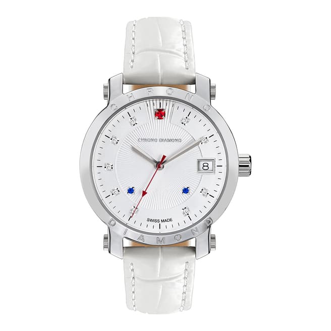 Chrono Diamond Women's White Leather Red Stone Watch 43mm