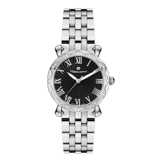 Mathieu Legrand Women's Silver/ Black Zirconia Crystal Bezel Watch 30mm