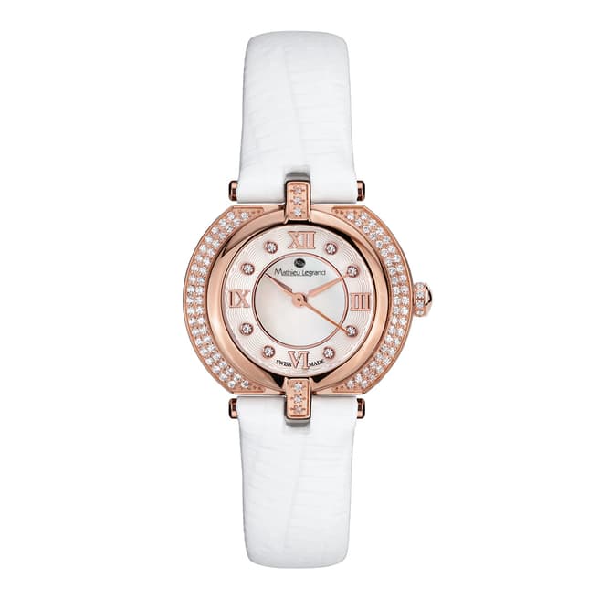 Mathieu Legrand Women's White / Rose Gold Crystal Leather Watch 28mm