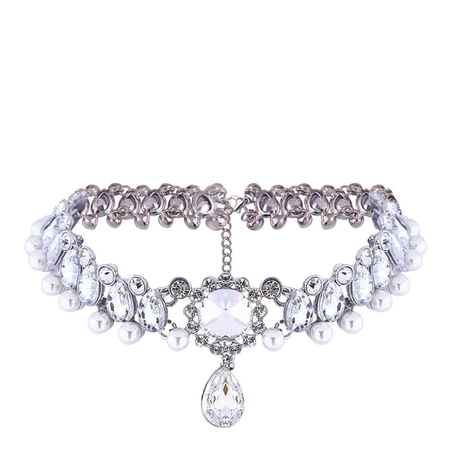 Liv Oliver Crystal Pearl Statement Choker in Silver