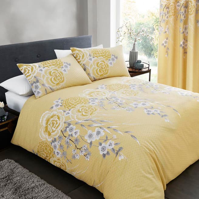 Catherine Lansfield Oriental Blossom Double Duvet Cover Set, Yellow