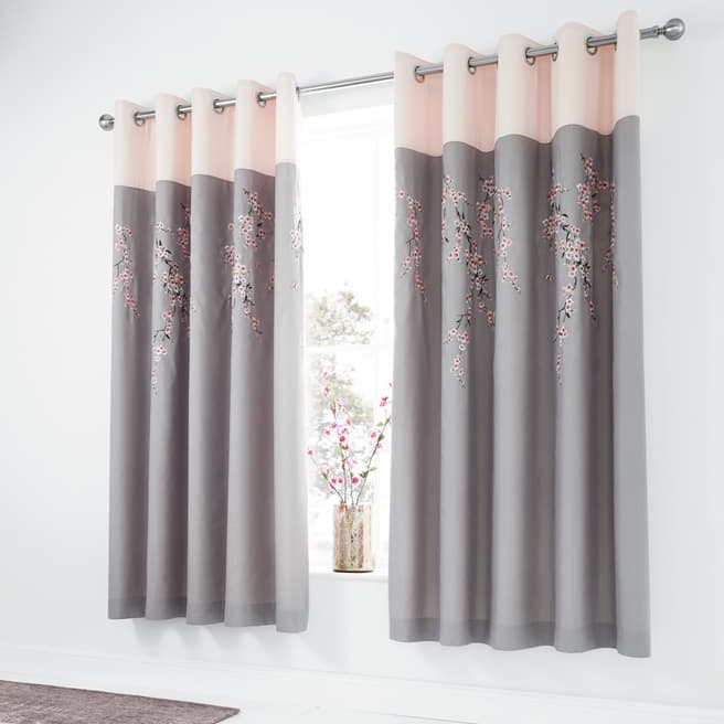 Catherine Lansfield Embroidered Blossom 168x183cm Curtains, Grey