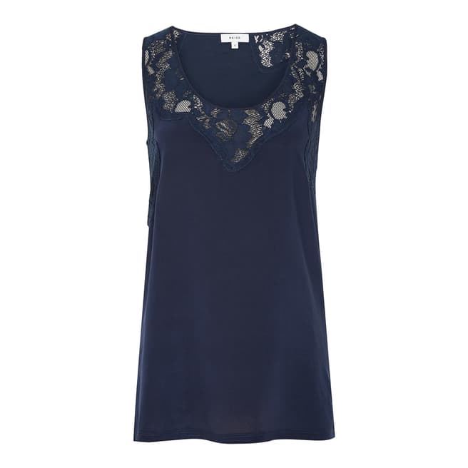 Reiss Navy Adonia Lace Insert Silk Front Top