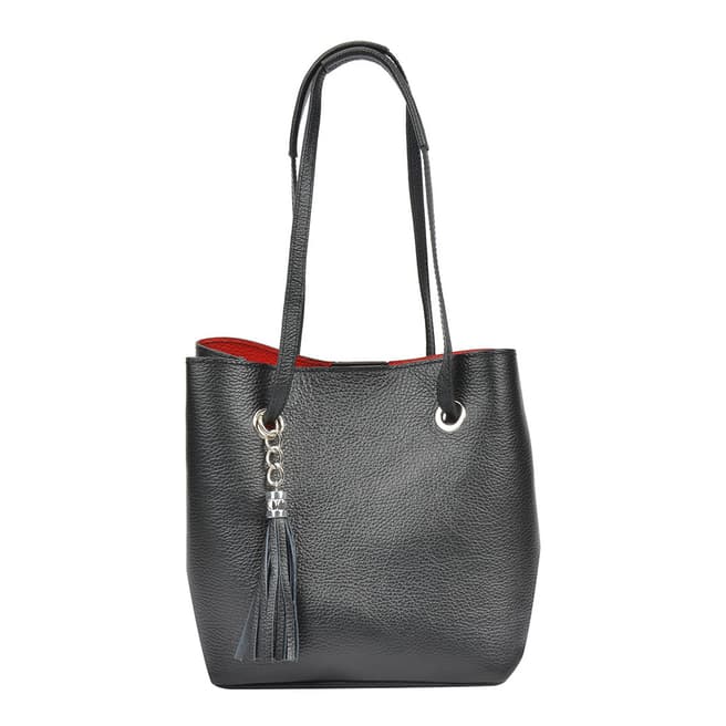 Mangotti Black Leather Tassel Charm Shoulder Bag
