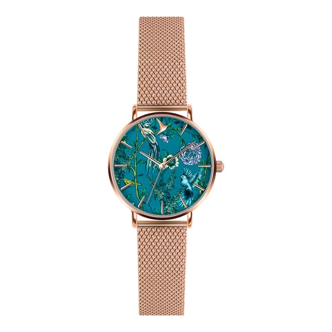 Emily Westwood Rose Gold / Green Floral Bird Mesh Bracelet Watch 33mm