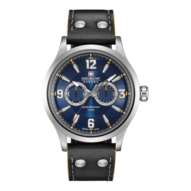 Swiss Military Blue Multi Dial Black Leather Strap Watch