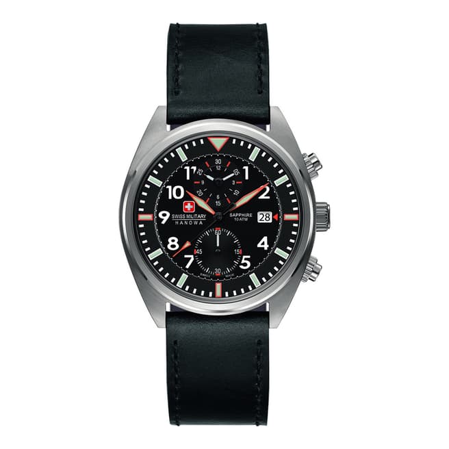 Swiss Military Black Leather Strap Watch with Black Dial