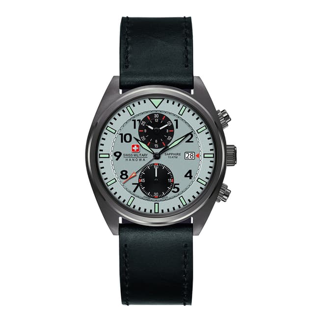 Swiss Military Black Leather Strap Watch with Grey Dial