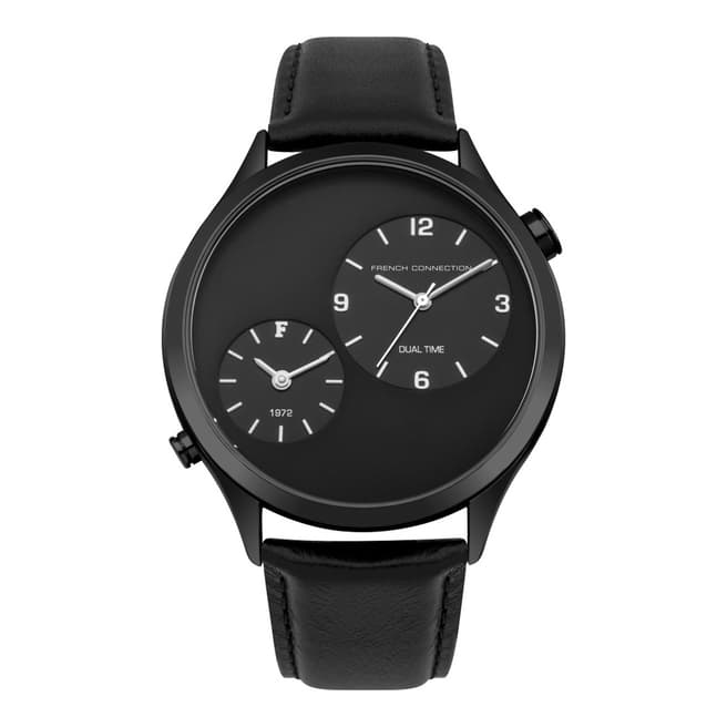 French Connection Black Leather Strap And Black Case Watch