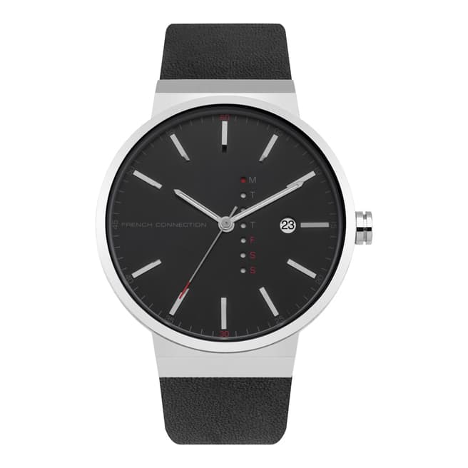 French Connection Black Leather Strap Watch With Black Dial