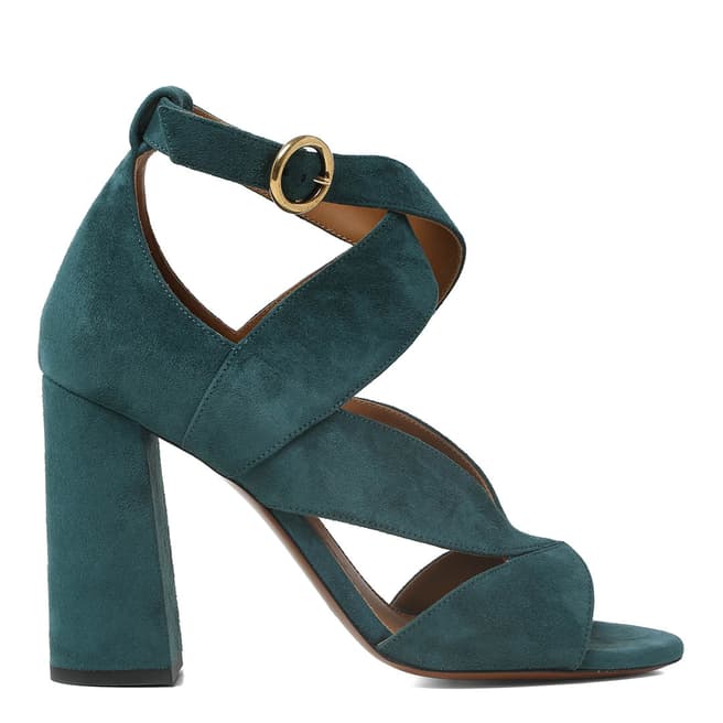 Chloé Teal Green Suede Graphic Leaves Heeled Sandals
