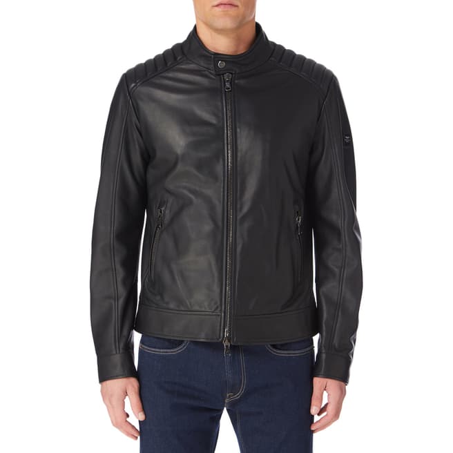 Hackett London Black AMR Leather Moto Jacket