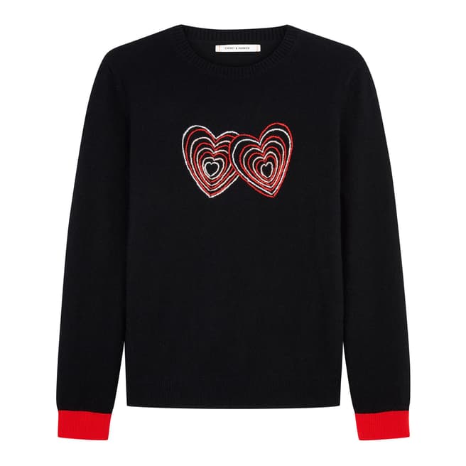 Chinti and Parker Black Embroidered Twin Heart Cashmere/Wool Jumper