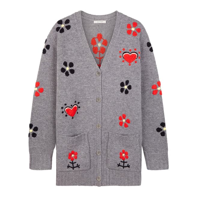 Chinti and Parker Grey Hand Embroidered Milagro Wool Cardigan