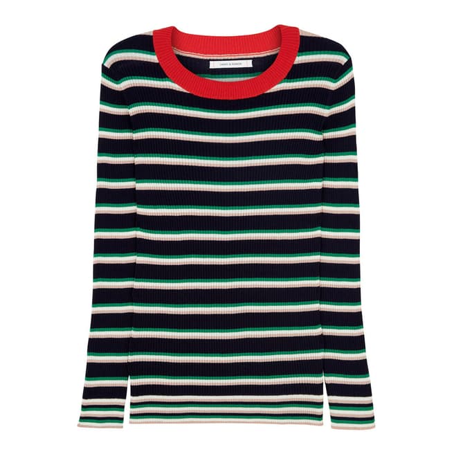 Chinti and Parker Navy/Green Striped Cotton Sweater