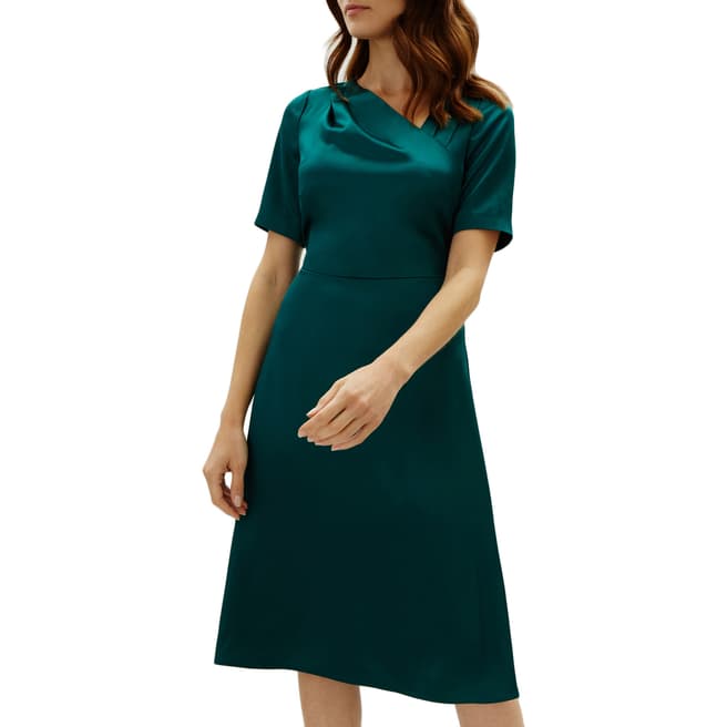 Jaeger Emerald Satin Drape Detail Fit and Flare Dress