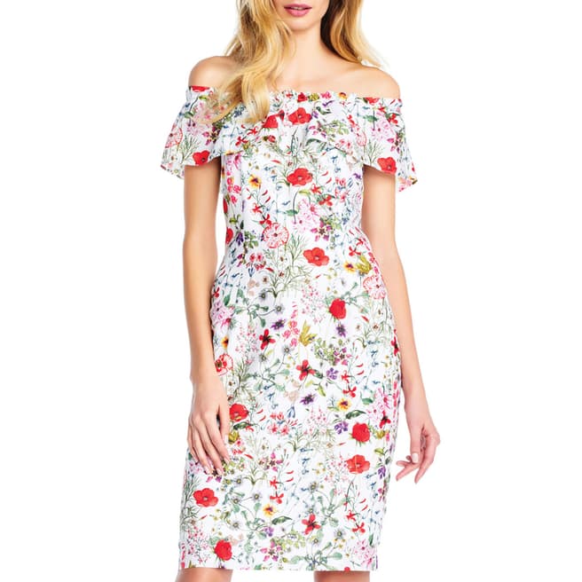 Adrianna Papell Ivory/Multi Bloom Printed Off Shoulder Dress