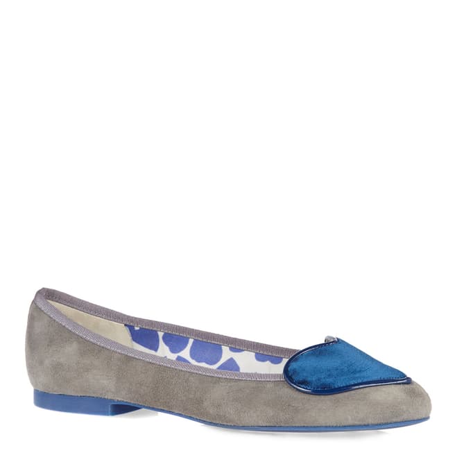 French Sole Grey Suede Blue Heart Love Heart Flats