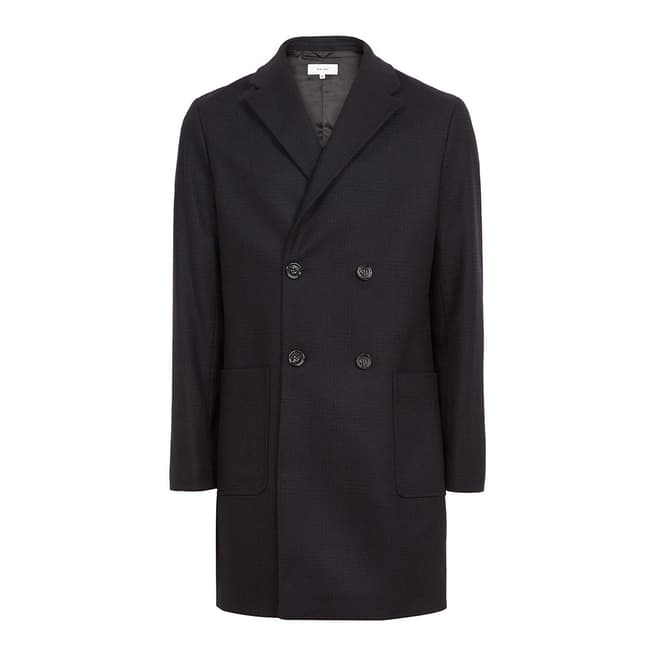 Reiss Navy Brando Check Wool Blend Overcoat