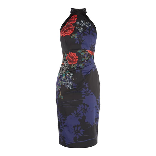 Karen Millen Black/Multi Floral Halterneck Dress