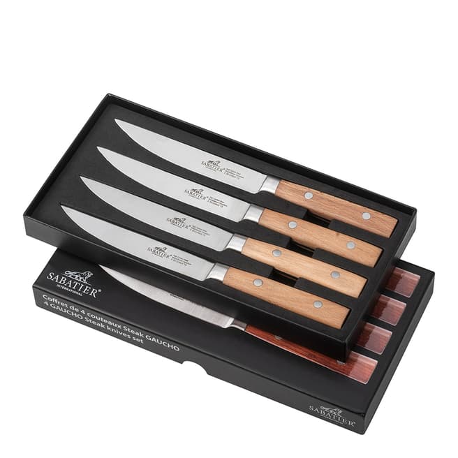 Lion Sabatier Set of 4 Gaucho Steak Knives with Beech Wood Handles