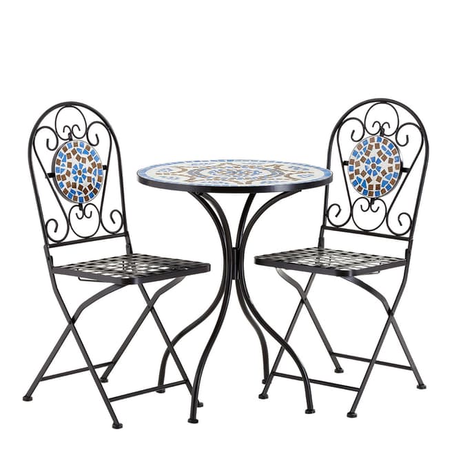 Premier Housewares Amalfi Table Set, Table & 2 Folding Chairs, Blue/Brown Mosaic