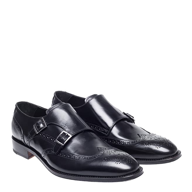 John White Black Calf Leather Clifton Double Monk Buckle Shoes