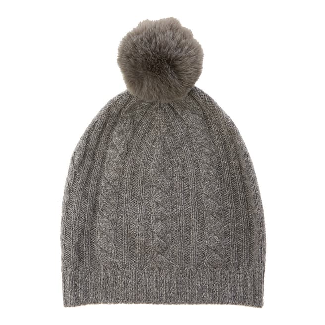 Laycuna London Grey Cable Cashmere Knit Faux Fur Bobble Hat 