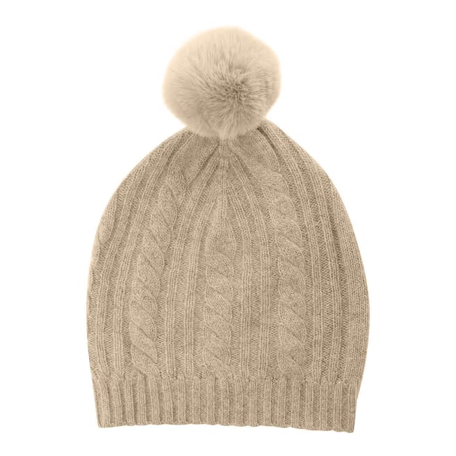 Laycuna London Beige Cable Cashmere Knit Faux Fur Bobble Hat 