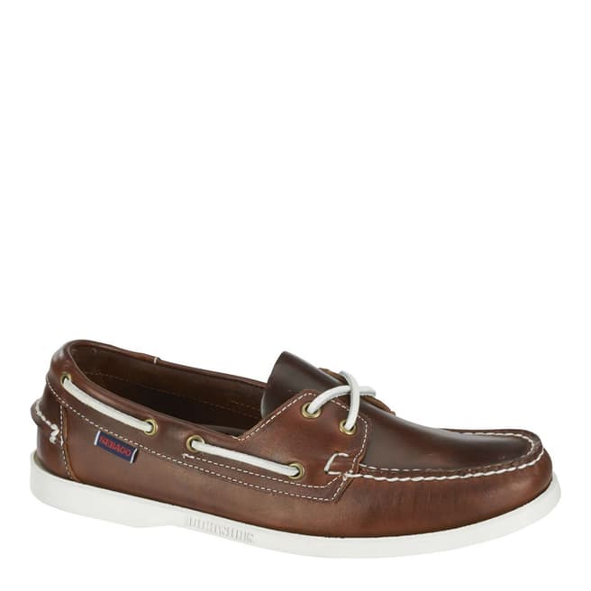 Sebago Dark Brown Leather Docksides Oiled Waxy Boat Shoes 