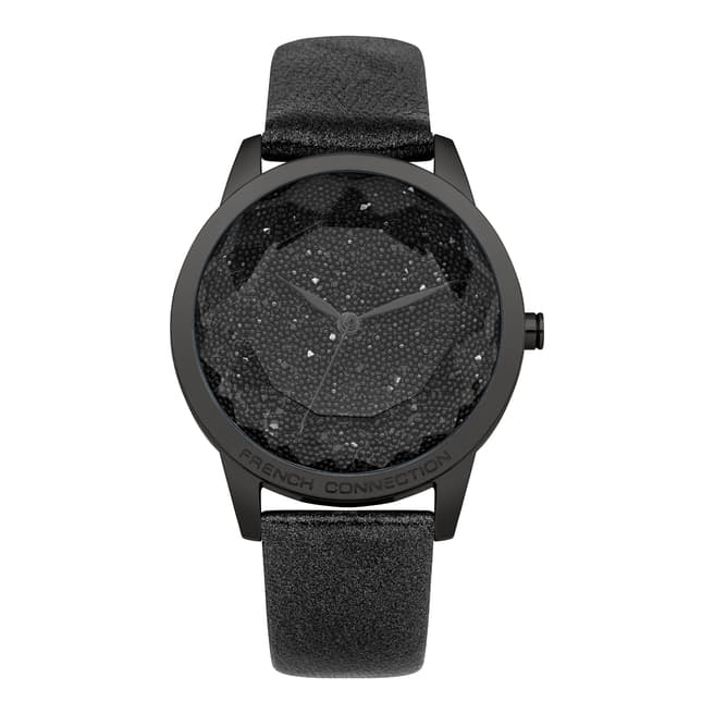 French Connection Swarovski Dial Crystal (Black) Padded Leather Watch