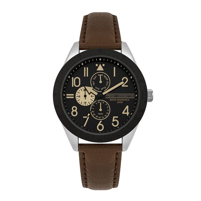 French Connection Matte Black Dial Brown Leather Strap Watch