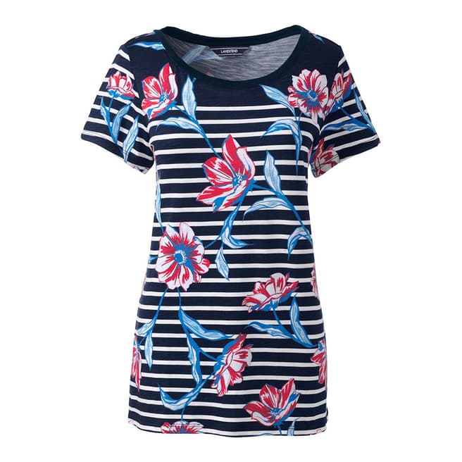 Lands End Radiant Navy Floral Stripe Slub Jersey Print T-shirt