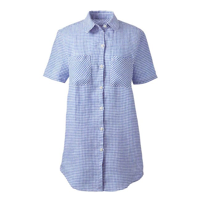 Lands End Blue Star Gingham Regular Short Sleeve Patterned Linen Shirt