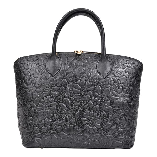 Anna Luchini Black Leather Flower Embossed Top Handle Bag