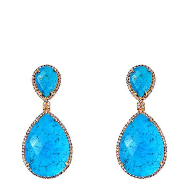 Liv Oliver 18k Gold Plated Double Pear Turquoise Embellished Drop Earrings