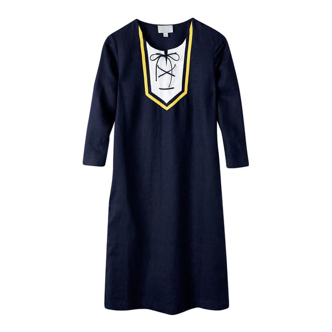 Pure Collection Navy/ Yellow Laundered Linen Tie Neck Dress