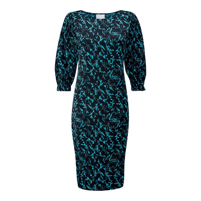 Pure Collection Turquoise Floral Print Pin tuck Sleeve Dress