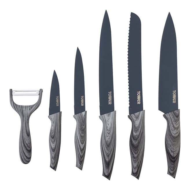 Tower 6 Piece Knife Set with Grey Wood