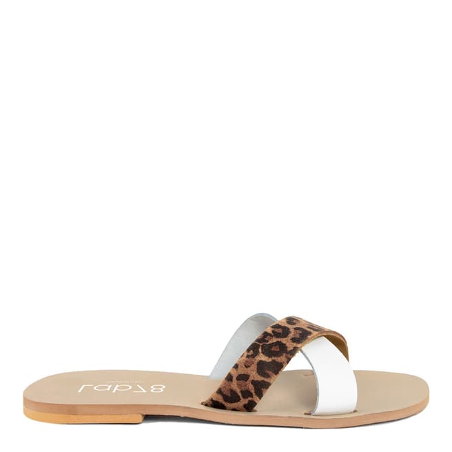 LAB78 White & Leopard Print Leather Strappy Sliders 
