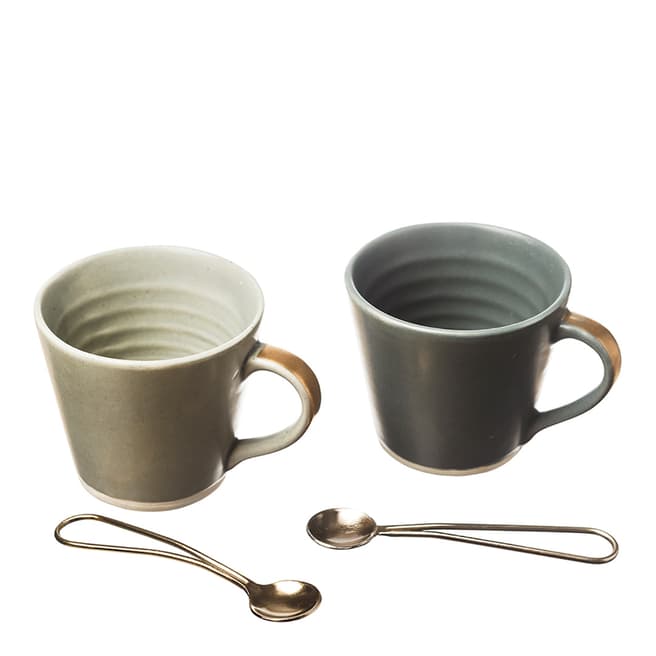 Scottish Made Stoneware Coffee Cup & Gold Spoon Set