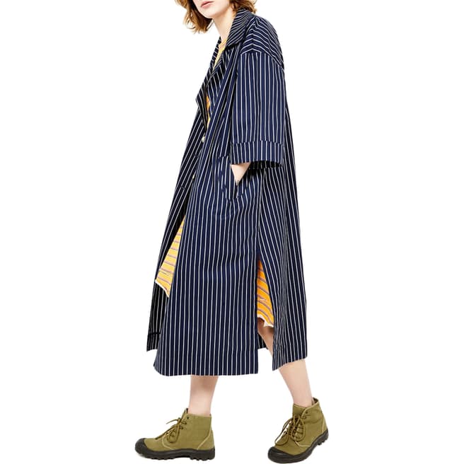 American Vintage Navy Buttoned Long Sleeves Oversized Belted Printed Long Trench