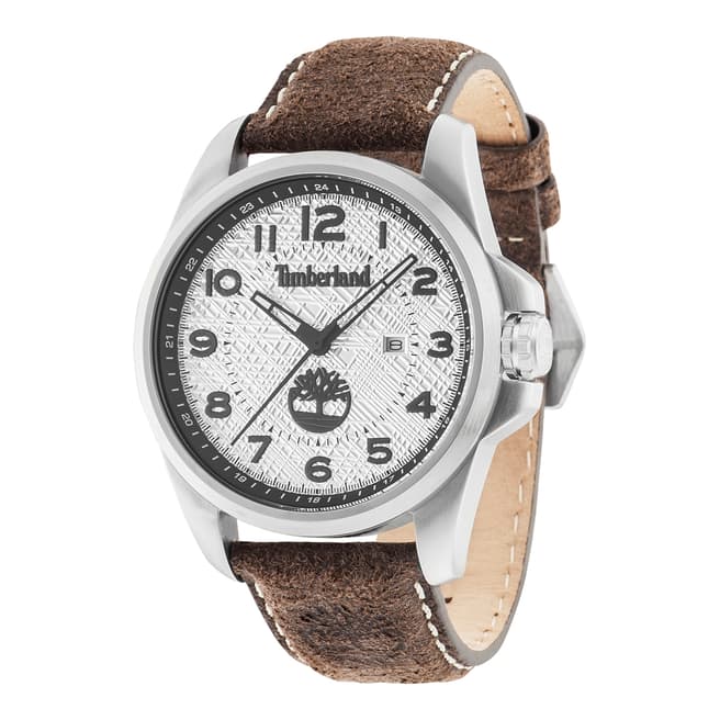 Timberland Silver & Dark Brown Leather Strap Watch
