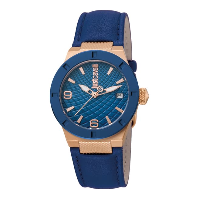 Just Cavalli Navy Rose Gold Plated Leather Watch 34mm