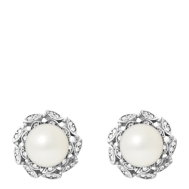 Just Pearl White Flower Button Pearl Earrings 8-9mm