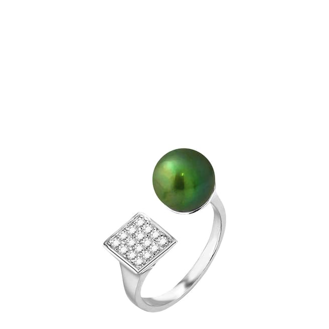 Just Pearl Green Malachite Button Pearl Adjustable Ring 9-10mm