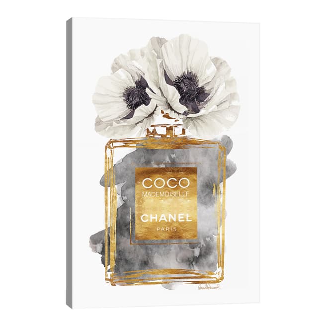 Amanda Greenwood Perfume Bottle, Dark Gold With Dark Grey & White Poppy Wrapped Canvas Print 100x66cm