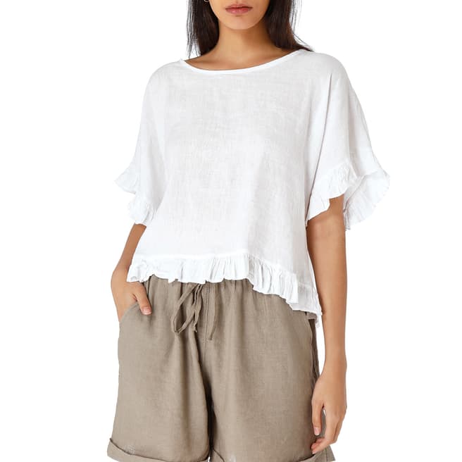Laycuna London White Cropped Frill Linen Blouse